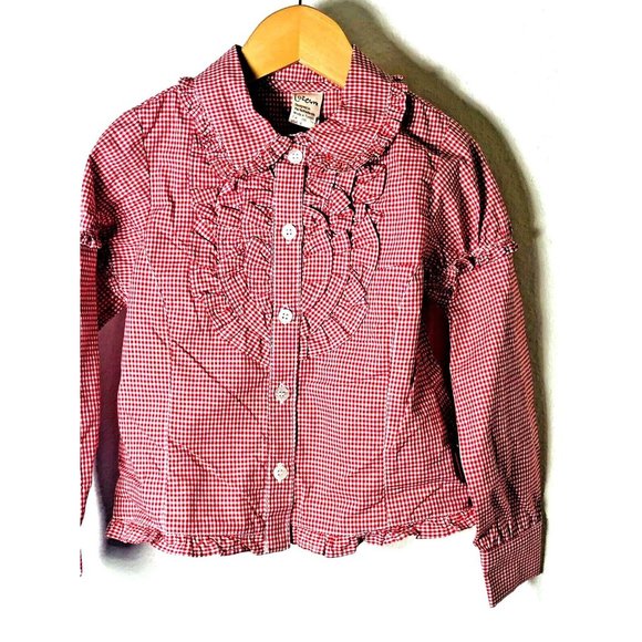 Jottum NWT Red Gingham Girls 6 Top Dutch Euro Retail $92 Button Front Ruffle - Picture 1 of 9